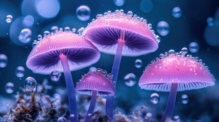 Enchanting mushrooms adorned with dewdrops in a surreal and magical atmosphere