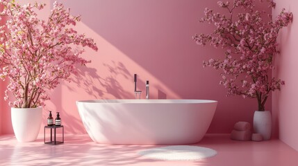 Elegant blush-toned bathroom interior with soaking tub and floral accents