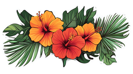 Vibrant hibiscus flowers with lush green leaves.