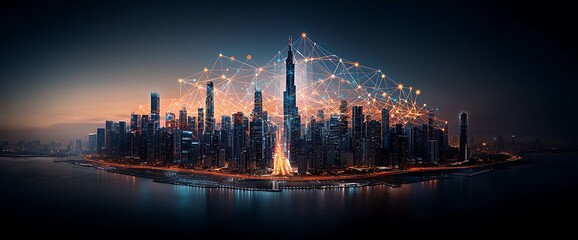 Futuristic cityscape with interconnected lights above skyscrapers, reflecting on water at dusk