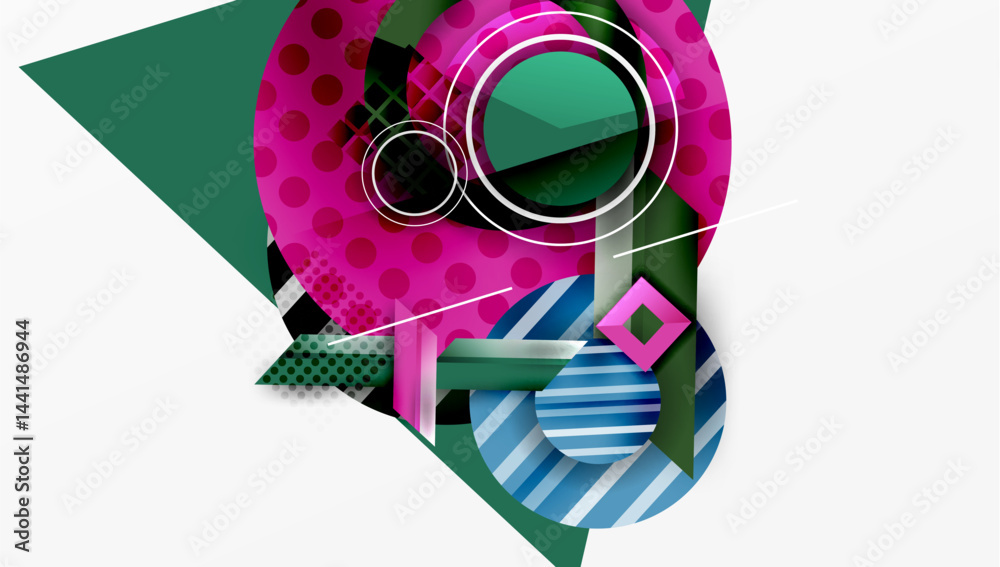 Aufkleber abstract geometric composition. pink, green, blue shapes overlap. lines create dynamic visual intere