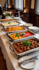 Buffet with various dishes, elegant setting, catering event. Possible use stock photo for culinary events, catering services, or restaurant showcases