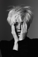 black and white portrait of a person with tousled light hair covering their face with both hands against a plain dark background, conveying mystery and introspection