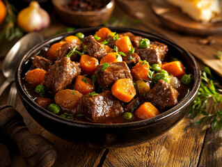Hearty beef stew with carrots and peas in a rustic bowl
