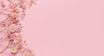 Fototapeta premium Small white flowers with delicate stems against a light pink background.