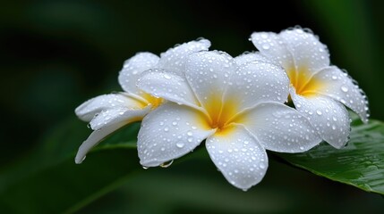 Fototapeta premium Fresh white plumeria flowers covered in water droplets on a green leaf background.