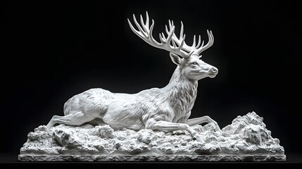 Highly detailed white sculpture of a majestic elk with large antlers lying on rocky terrain against a black background captu intricate textures and realism