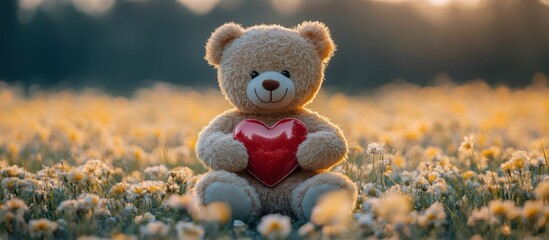 Fototapeta premium Teddy bear holding heart, sunset field, flowers, love