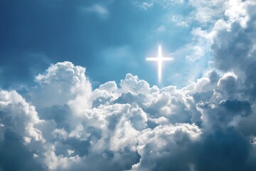 Shining cross in clouds on blue sky. Copy space. Ascension day concept. Christian Easter. Faith in Jesus Christ. Christianity. Church worship, salvation concept. Gate to heaven. Eternal life of soul