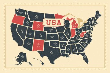 Create a retro-styled, flat, minimalist map of the USA, showcasing all 50 states clearly labeled with their names.  Use a muted color palette.
