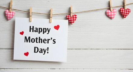 Happy Mother's Day card hanging on a string with heart decorations.