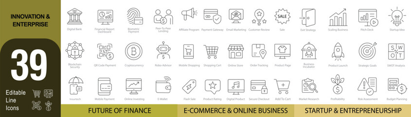 Innovation & Enterprise – 39 Editable Line Icons for Business, Finance, and Startup  | Vector Set in AI, EPS, SVG | Designed in Adobe Illustrator	
