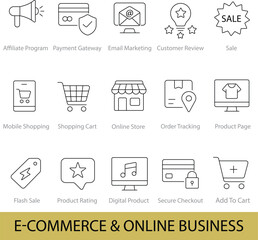 E-Commerce & Online Business – 15 Editable Line Icons for Digital Stores & Marketing  | Vector Set in AI, EPS, SVG | Designed in Adobe Illustrator	