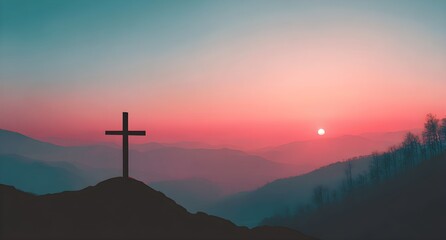 Easter concept: The cross on mountain sunset background