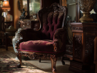 Victorian style living room chair with burgundy upholstery