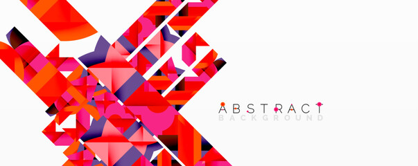 Naklejka premium Geometric shapes overlap, creating vibrant abstract design. Red, pink, purple hues dominate composition. Modern visual element.