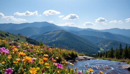 Vibrant Wildflowers Bloom Abundantly Near a Mountain Stream Offering a Stunning View of Majestic Peaks