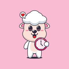 Cute sheep  cartoon vector illustration with clock