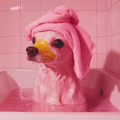 Pampered Pup's Pink Paradise: A charming canine enjoys a spa day in a rosy-hued bathroom, a playful illustration of self-care and indulgence.
