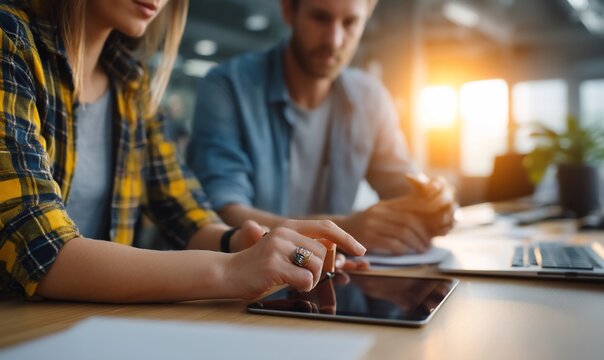 Business colleagues collaborating on a tablet in an office.  Possible use Stock photo for business productivity, teamwork, or technology