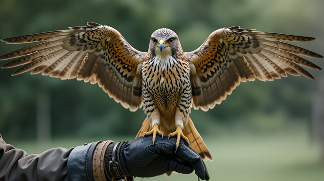 Lanner falcon perched on falconers glove with open wings ready to fly