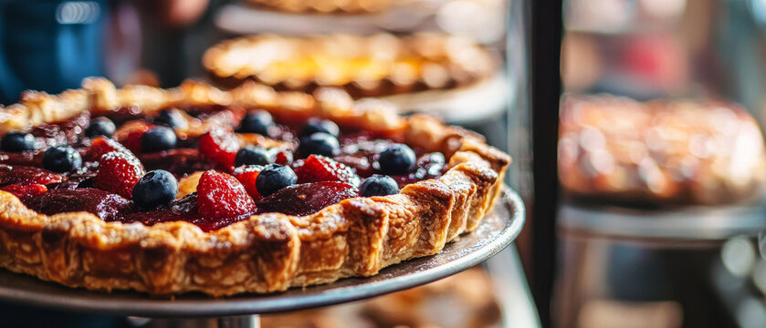 Berry tart with flaky crust, showcasing juicy strawberries and blueberries