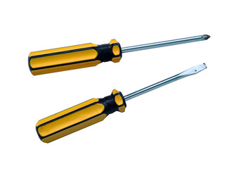 Flathead and Phillips Screwdrivers with Yellow Handles Isolated
