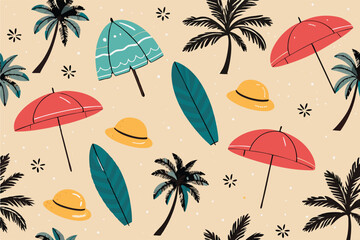 Create a vibrant, seamless vector pattern featuring various beach icons, prominently showcasing beach umbrellas, sun loungers, seashells, and flip-flops.  High resolution for print and web.
