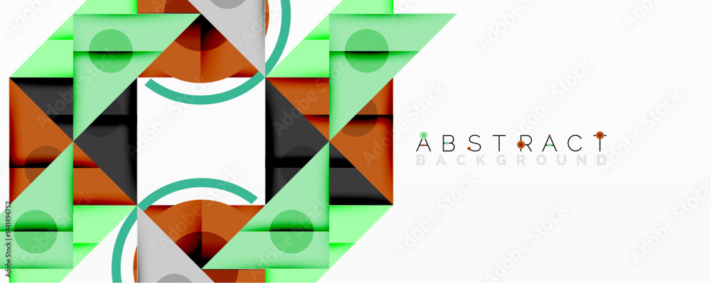 Poster abstract geometric pattern. squares, triangles, circles overlap creating modern design. light green,