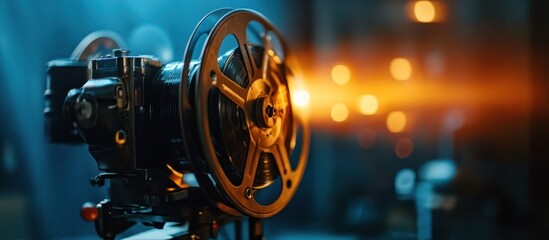 Naklejka premium Vintage Film Projector in Dark Room