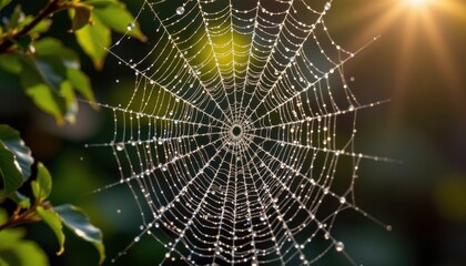 Stunning Dew Covered Spiderweb at Sunrise Nature