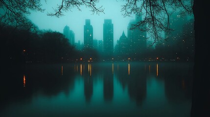 Misty city skyline reflected in a tranquil lake at dusk