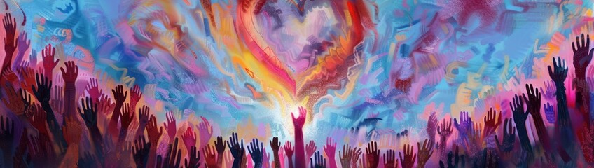 Colorful abstract scene with numerous raised hands reaching towards glowing heart-shaped light in vibrant sky, evoking unity, hope, and celebration