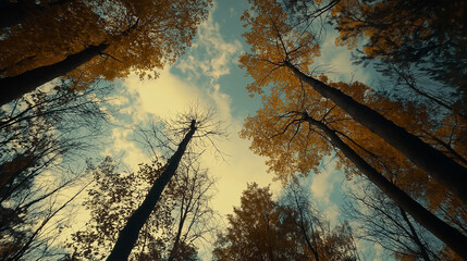 Low angle shot looking up at tall autumn trees with dramatic cloudy sky background, golden sunlight filtering through branches