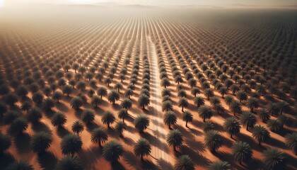 Fototapeta premium Drone photography captures an expansive date palm orchard set against a rustic desert landscape, with long rows of palms extending far and delicate wind movements softening the vibrant orchard view.