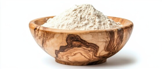 Fototapeta premium Rustic wooden bowl filled with natural flour on a clean white background showcasing baking ingredient and healthy food preparation in a minimalist style