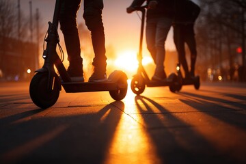 Obraz premium Silhouette figures riding electric scooters at sunset.