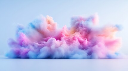 Fototapeta premium A fluffy pastel smoke cloud in shades of pink, blue, and peach sits on a clean studio surface against a soft blue background.