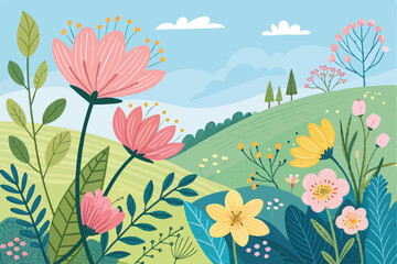 Vibrant spring landscape showcasing a profusion of colorful blooming flowers in a lush meadow, bathed in sunlight.