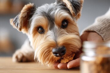 Close-up view of a small dog eating a treat from a human hand.