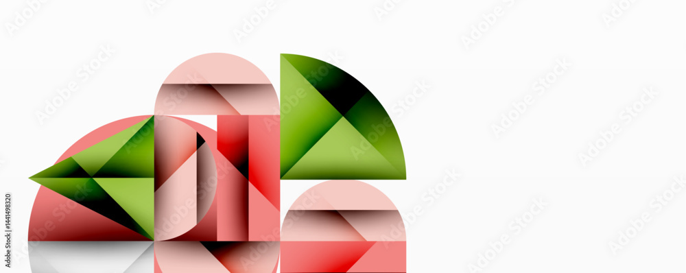 Poster Abstract geometric composition. Overlapping shapes create dynamic visual effect. Red, green hues dominate design. Minimalist style.