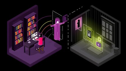 office with floating digital interfaces and a holographic assistant helping a remote worker