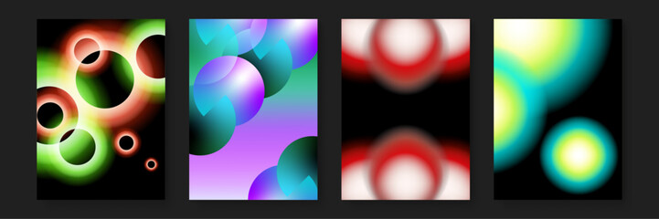 Fototapeta premium Four black backgrounds with colorful circles, ideal for vibrant designs, marketing materials, digital art projects, and creative presentations.