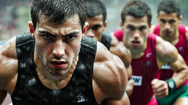 A Group Of Sprinters Exploding Off The Starting Blocks, Their Faces Focused With Determination And Speed.