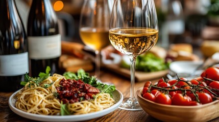 Wine dinner party, pasta, tomatoes, appetizers