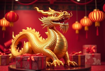 Fototapeta premium Golden dragon statue, red festive backdrop, gift boxes, celebration, festive