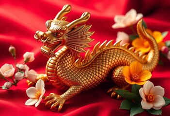 Fototapeta premium Golden dragon figurine rests on red fabric, adorned with prosperity flowers, mythology, asian