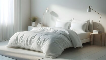 Neatly folded white duvet lying on a white bed inside a bright minimal bedroom, with soft lighting that creates a clean, peaceful, and fresh hotel or residential environment.