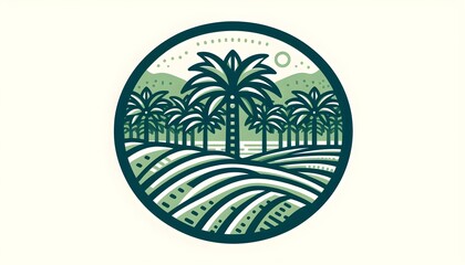Vector icon showing a cultivated date palm grove with symmetrical trees and green land patterns, created with clean lines and earthy tones, perfect for agricultural or oasis-themed branding.
