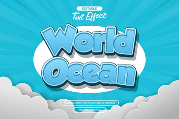 World ocean editable text effect with blue comic background and cartoon style text